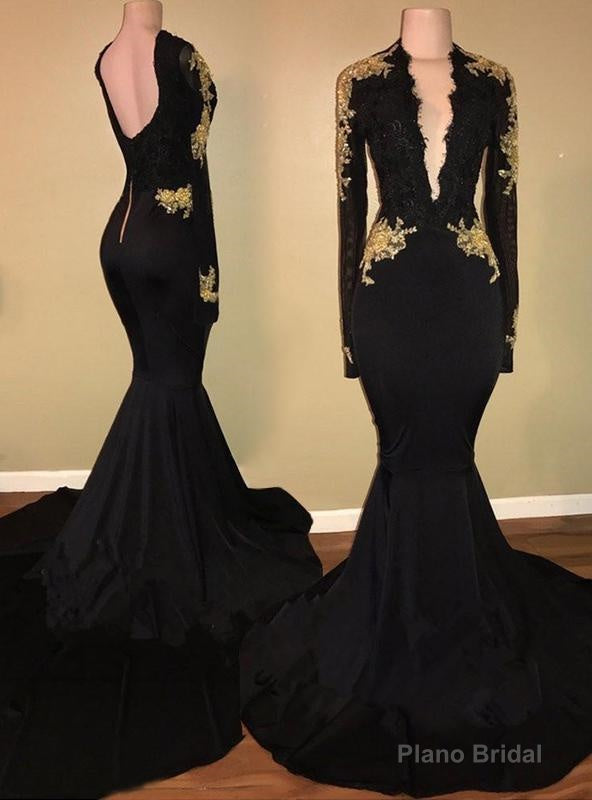 2025 Charming Long Sleeve Black V-neck Prom Dresses Main image