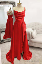 A-line Bateau Spaghetti Straps Long/Floor-Length Satin Prom Dresses With Pleated Split