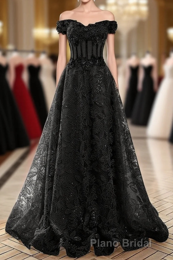A-Line Off Shoulder Black Tulle With Lace Party Dresses, Black Long Formal Prom Dresses Main image