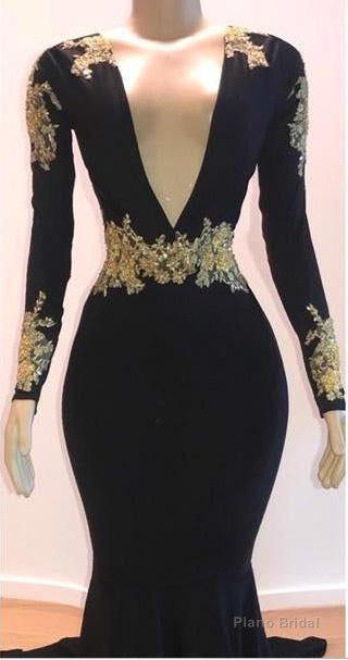 2025 Black Mermaid/Trumpet Long Sleeve V Neck Applique Elastic Satin Prom Dresses Main image