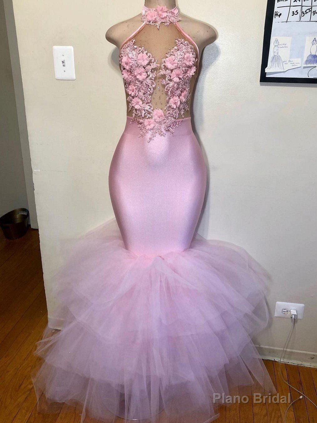 2025 Mermaid Tulle Halter Pink Floral Backless Long Prom Dresses Main image