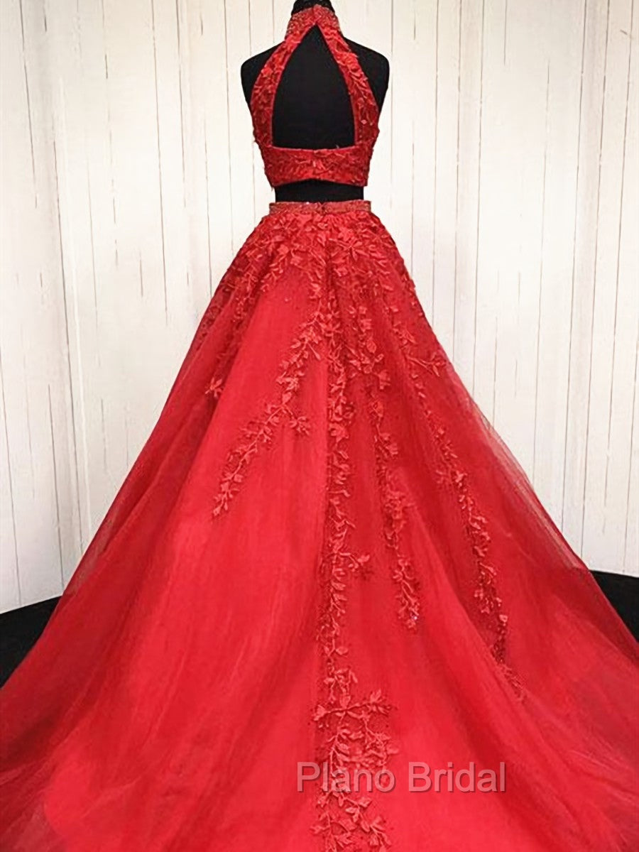 2 Pieces Pink Red Lace Formal Prom Dresses, Two Pieces Pink Red Tulle Lace Formal Evening Dresses Secondary image