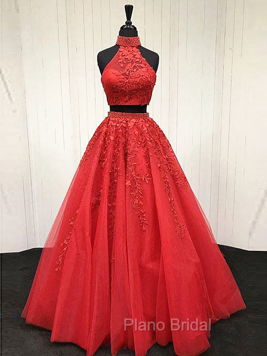 2 Pieces Pink Red Lace Formal Prom Dresses, Two Pieces Pink Red Tulle Lace Formal Evening Dresses Main image