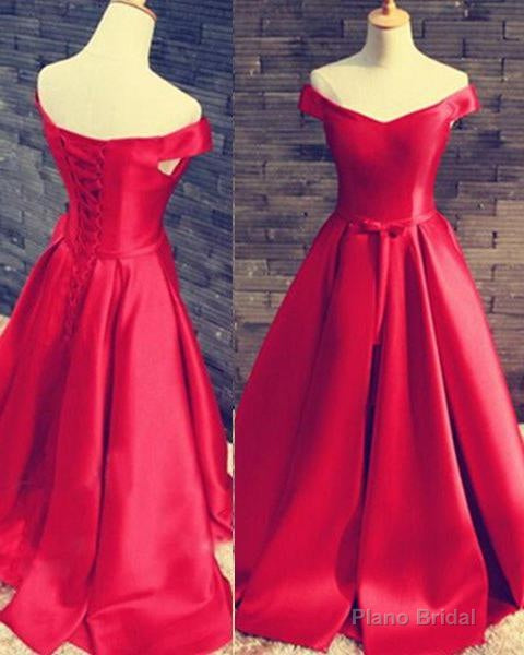 2025 Gorgeous Red Floor-Length/Long A-Line/Princess Off-the-Shoulder Lace Up Satin Prom Dresses Main image