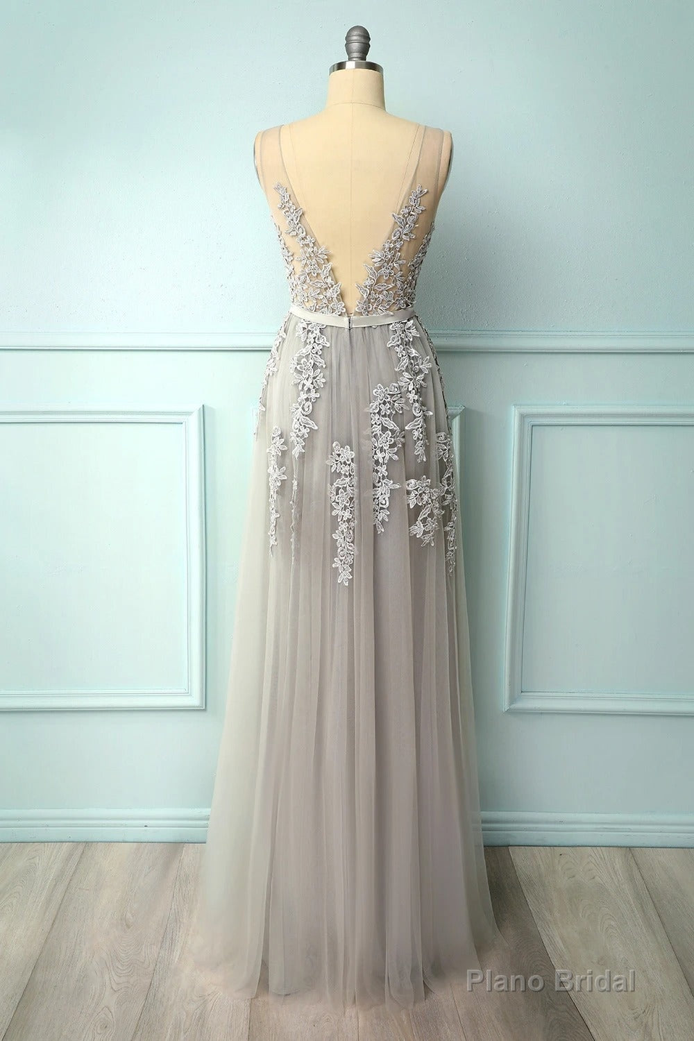 A-line Low V-Back Grey Bridesmaid Dress with Lace Secondary image