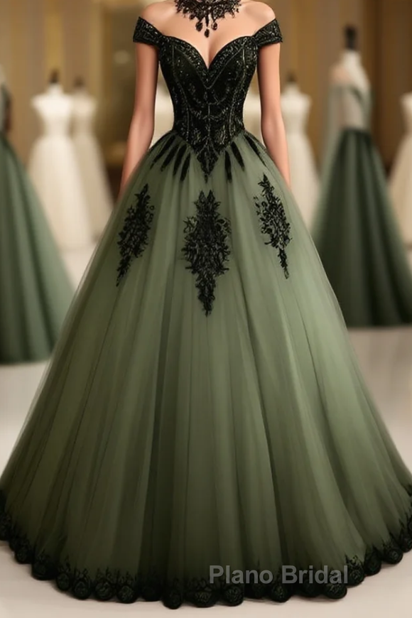Green A-line Tulle Formal Prom Dress Off The Shoulder Formal Evening Gown Main image