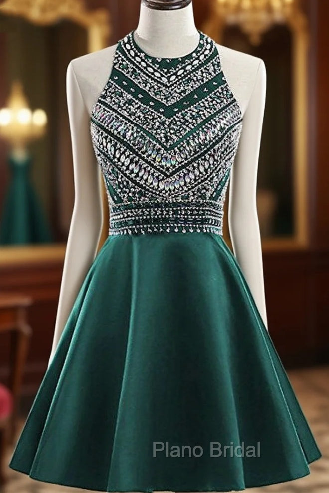 A-Line Green Satin Crystal Short Homecoming Dresses Main image