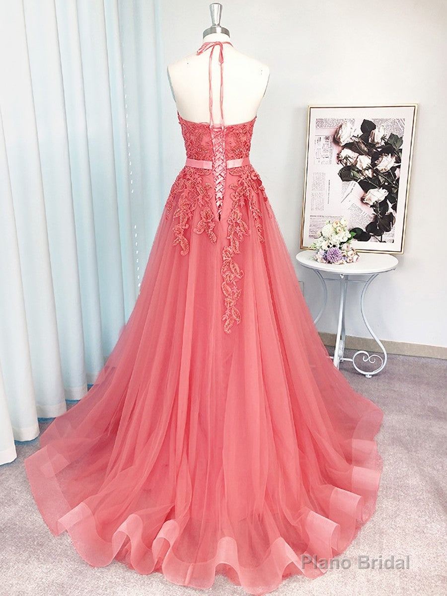 A-line Halter Appliques Lace Sweep Train Tulle Dress Secondary image