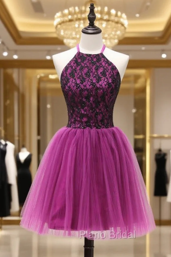 A-line Halter Short Mini Flowers Appliques Lace Beaded Elegant Short Cocktail Dresses Main image