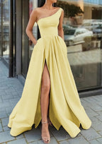 A-line One-Shoulder Sleeveless Long/Floor-Length Satin Prom Dresses With Ruffles Split