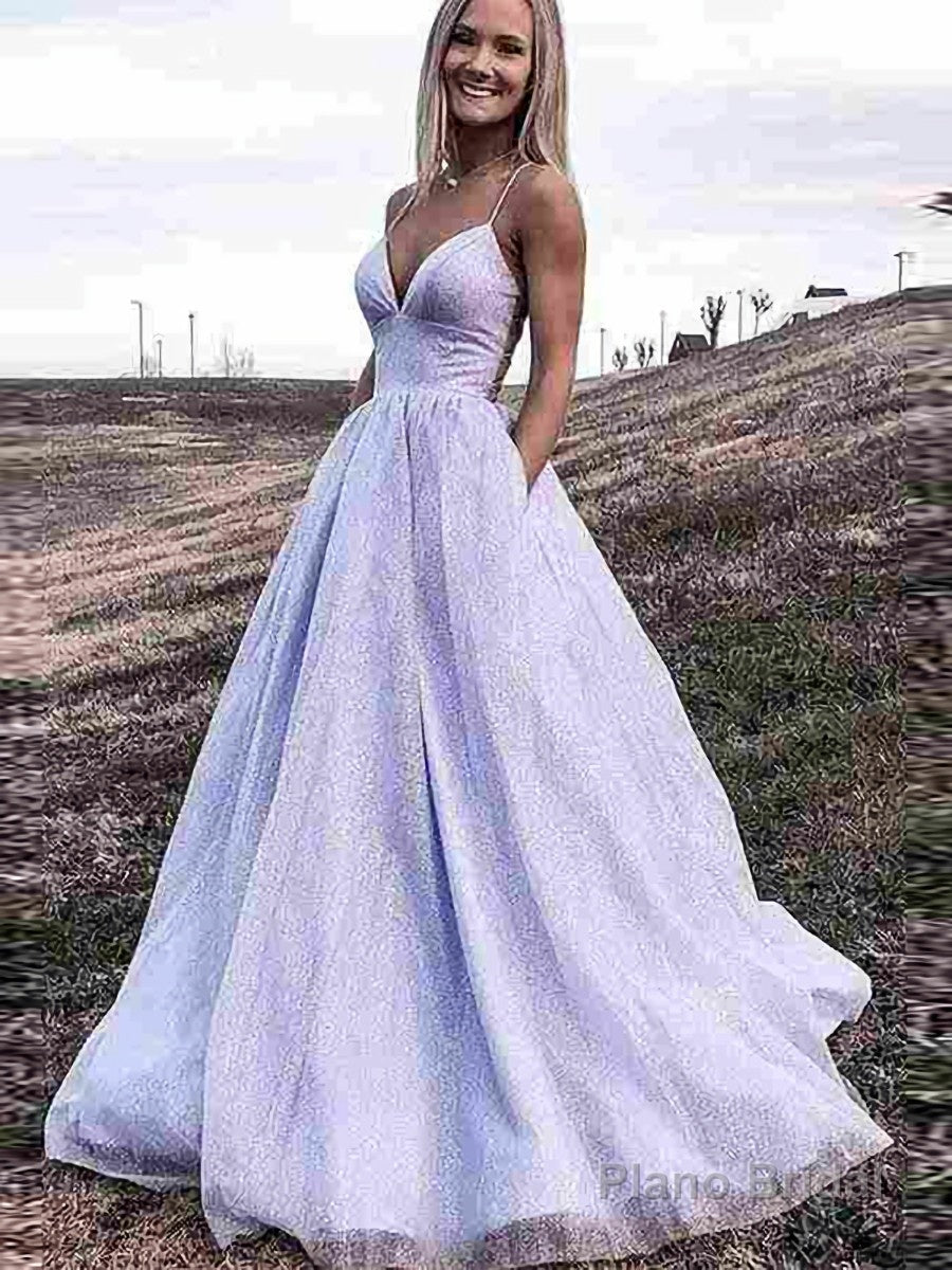 A-Line/Princess V-neck Sweep Train Prom Dresses With Pockets Main image
