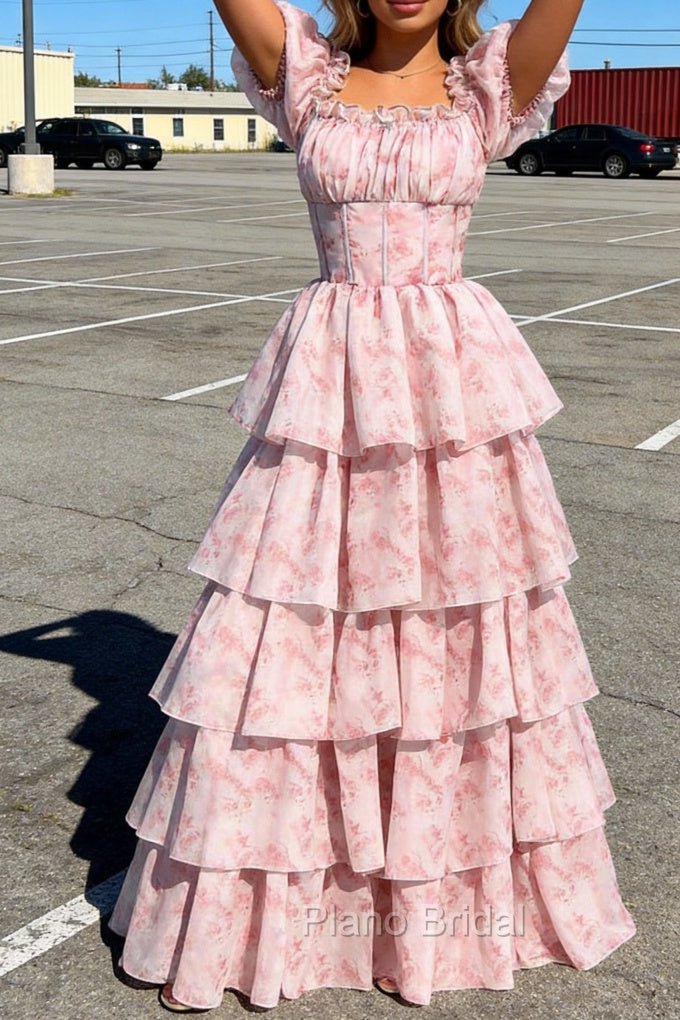 A Line Square Neck Blush Pink Tiered Prom Dress with Ruffles Main image