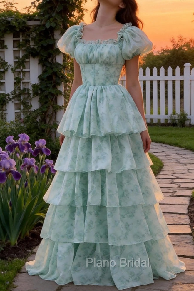 A Line Square Neck Green Tiered Prom Dress with Ruffles Main image
