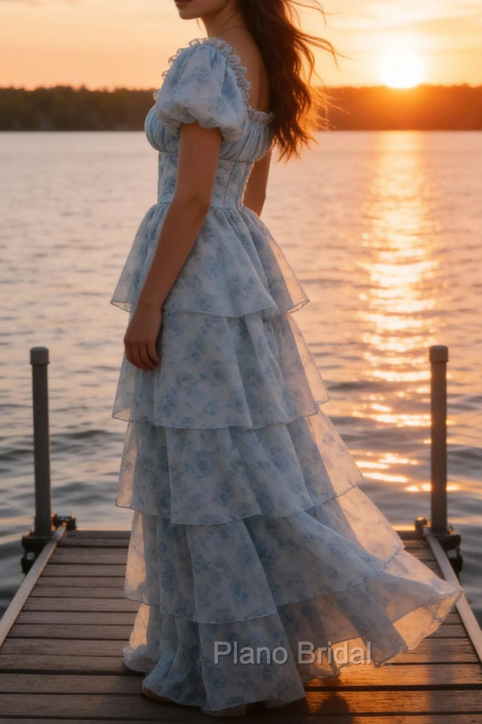 A Line Square Neck Light Blue Tiered Prom Dress with Ruffles Secondary image