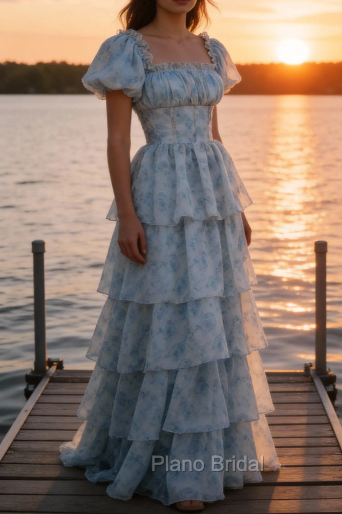 A Line Square Neck Light Blue Tiered Prom Dress with Ruffles Main image