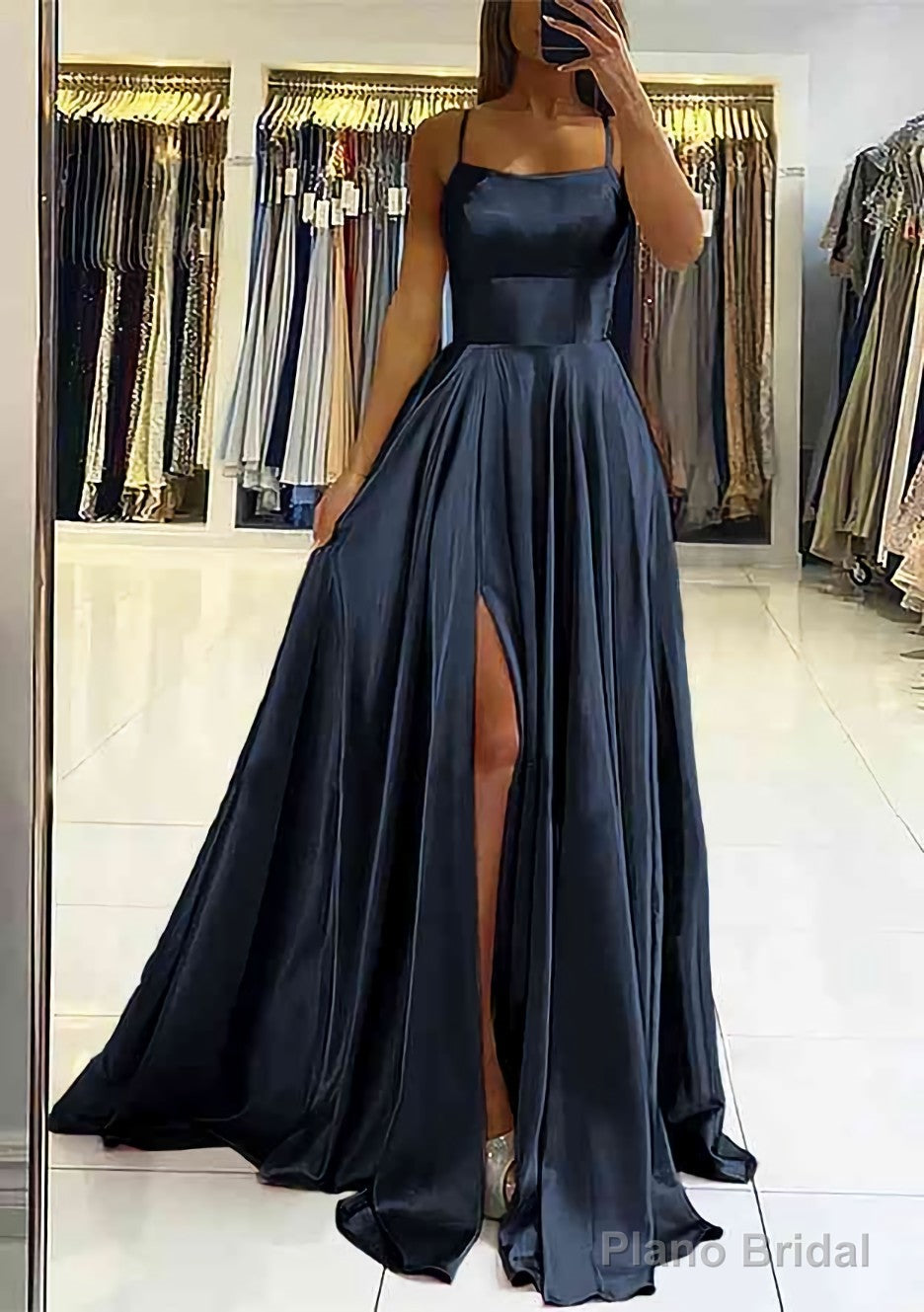 A-line Square Neckline Sleeveless Satin Sweep Train Prom Dresses With Pleated
