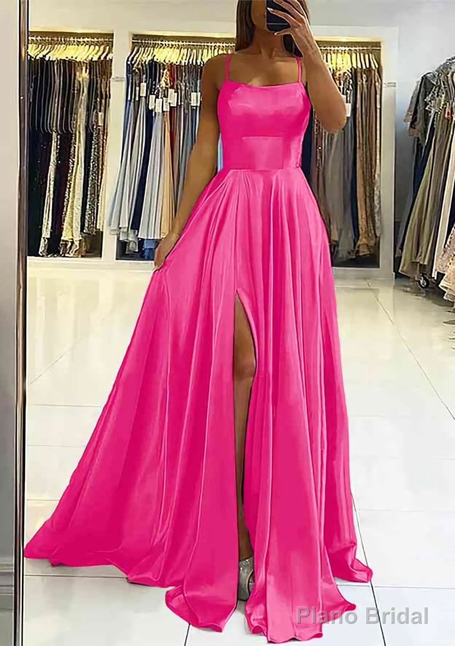 A-line Square Neckline Sleeveless Satin Sweep Train Prom Dresses With Pleated
