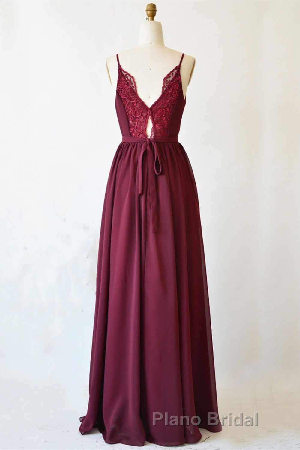 A Line V Neck Burgundy Long Formal Prom Dress with Lace Back, V Neck Burgundy Formal Evening Dress, Burgundy Bridesmaid Dress Secondary image