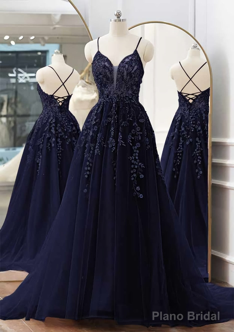 A-line V Neck Spaghetti Straps Sweep Train Tulle Prom Dresses With Appliqued Beading Secondary image