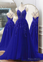 A-line V Neck Spaghetti Straps Sweep Train Tulle Prom Dresses With Appliqued Beading