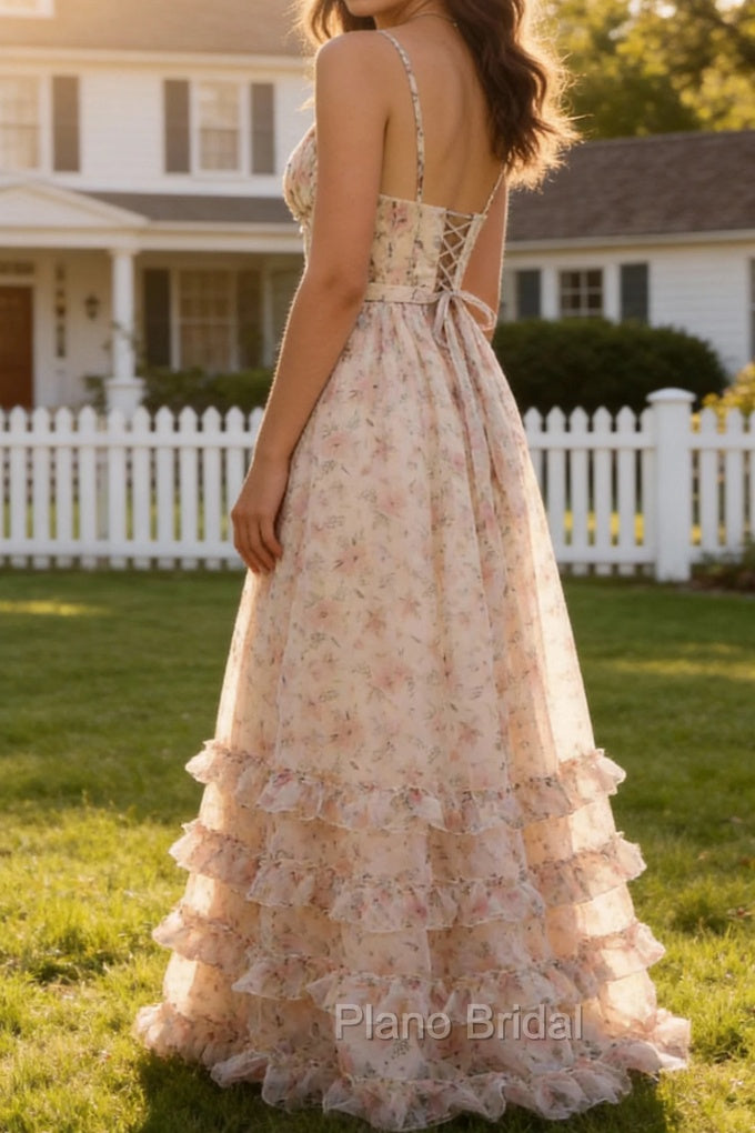 Apricot A Line Print Prom Dress with Slit Secondary image