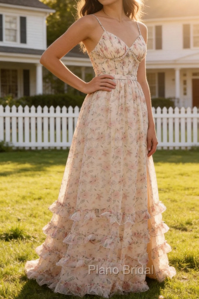 Apricot A Line Print Prom Dress with Slit Main image