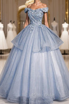 Ball Gown Blue Tulle Lace Long Party Dresses, Off the Shoulder Evening Dresses
