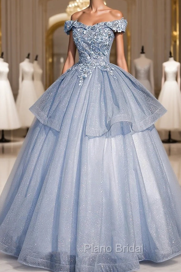 Ball Gown Blue Tulle Lace Long Party Dresses, Off the Shoulder Evening Dresses