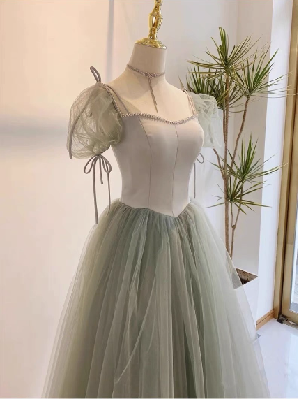 Beautiful Pea Green A-Line Square Neck Puff Sleeve Tulle Long Formal Prom Dresses Bridesmaid Dresses Secondary image