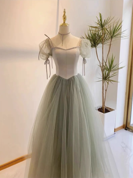 Beautiful Pea Green A-Line Square Neck Puff Sleeve Tulle Long Formal Prom Dresses Bridesmaid Dresses Main image