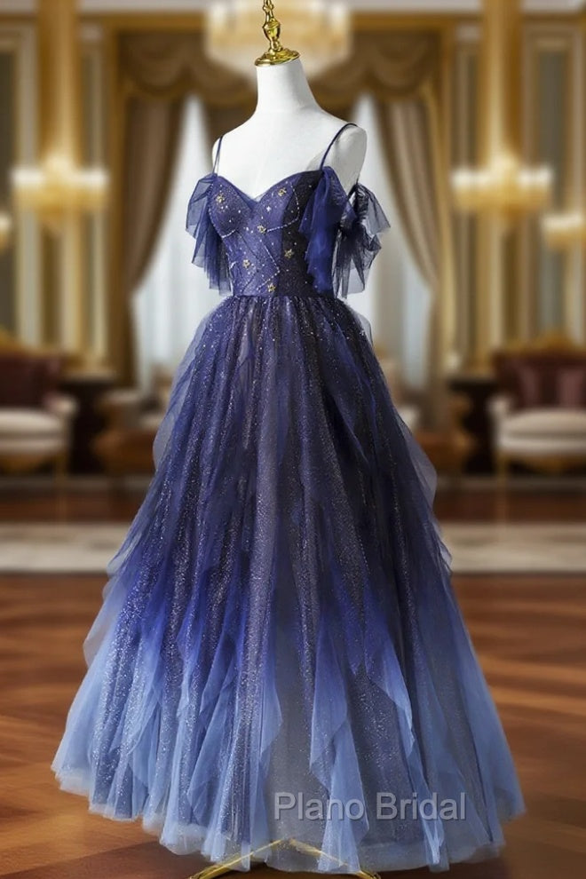Blue Gradient Tulle Long Formal Prom Dresses, Spaghetti Strap Evening Dresses