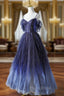 Blue Gradient Tulle Long Formal Prom Dresses, Spaghetti Strap Evening Dresses