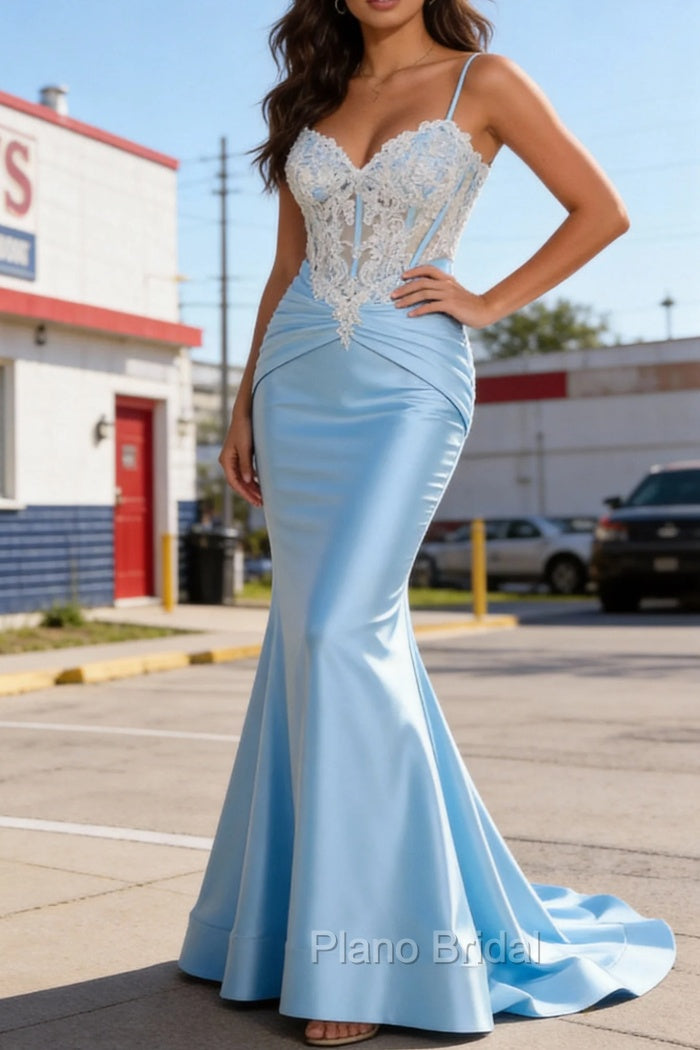 Blue Mermaid Spaghetti Straps Corset Appliqued Prom Dress Main image