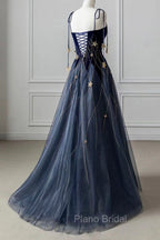 Blue Spaghetti Strap Long Formal Prom Dresses with Star, Blue Evening Party Dresses
