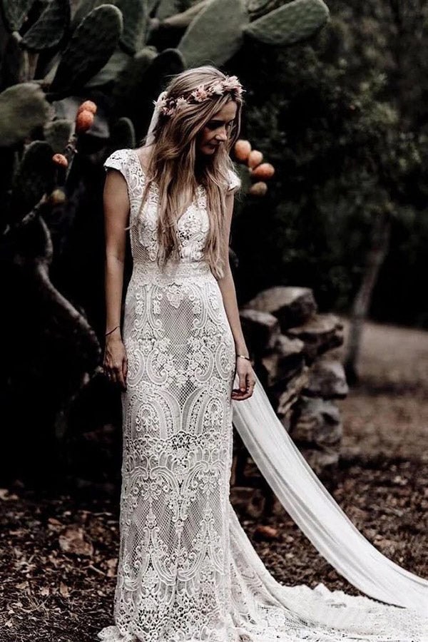 Cap Sleeve Sheath Boho Wedding Dresses Vintage Lace Rustic Wedding Dresses Main image