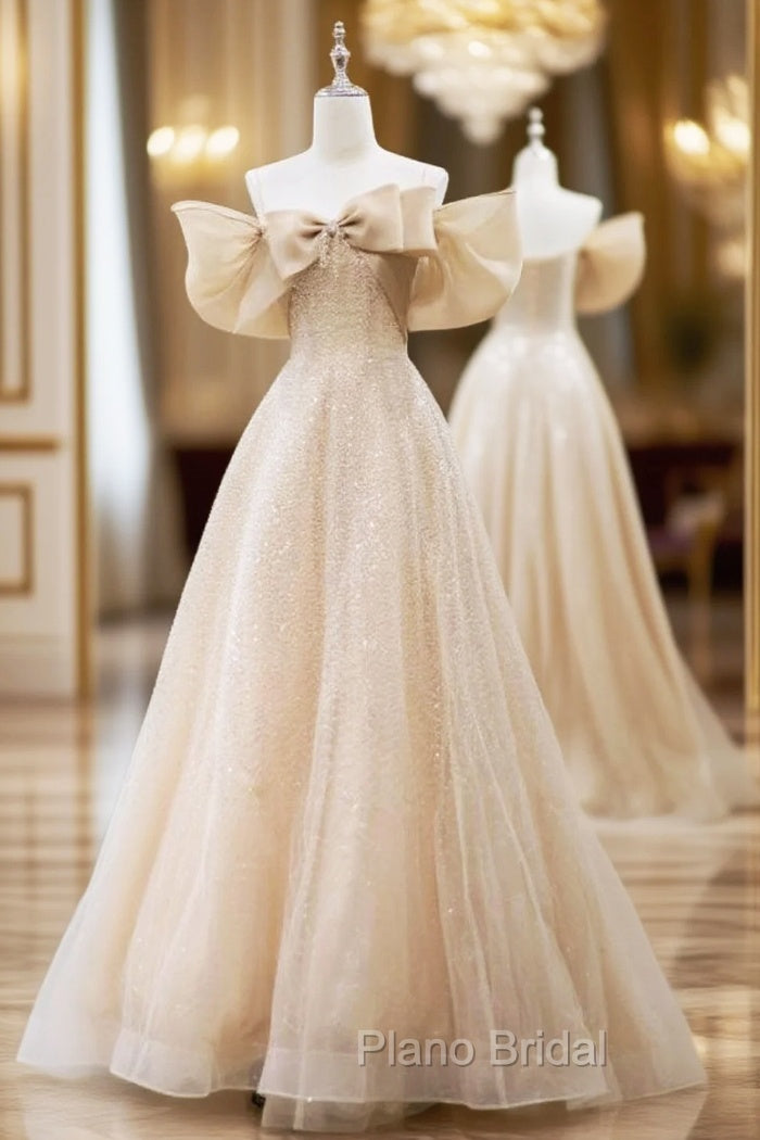 Champagne Sequins Off the Shoulder Bow Formal Prom Dresses
