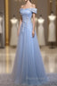 Charming Blue Elegant Tulle Party Dresses with Lace Applique, Long Formal Prom Dresses