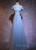 Charming Blue Elegant Tulle Party Dresses with Lace Applique, Long Formal Prom Dresses