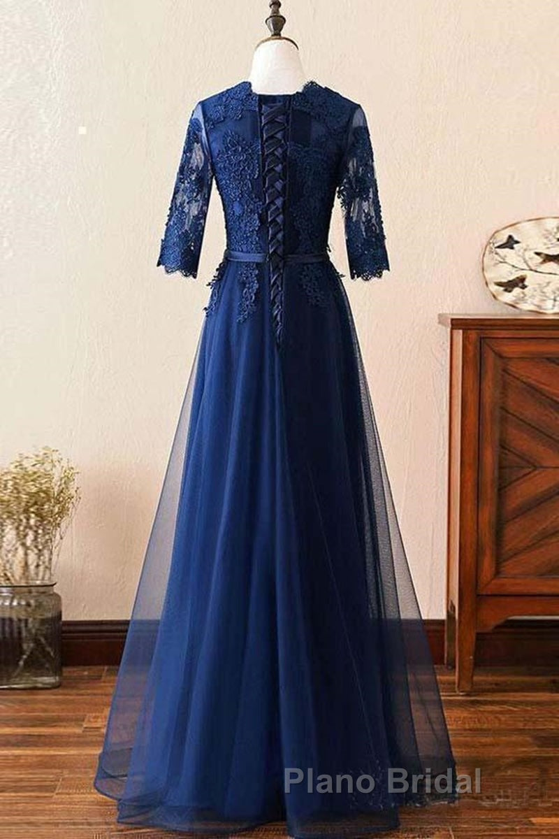 Custom Made Long Sleeves Navy Blue Lace Formal Prom Dress, Long Sleeves Lace Bridesmaid Dress, Long Sleeves Navy Blue Lace Formal Graduation Evening Dress Secondary image