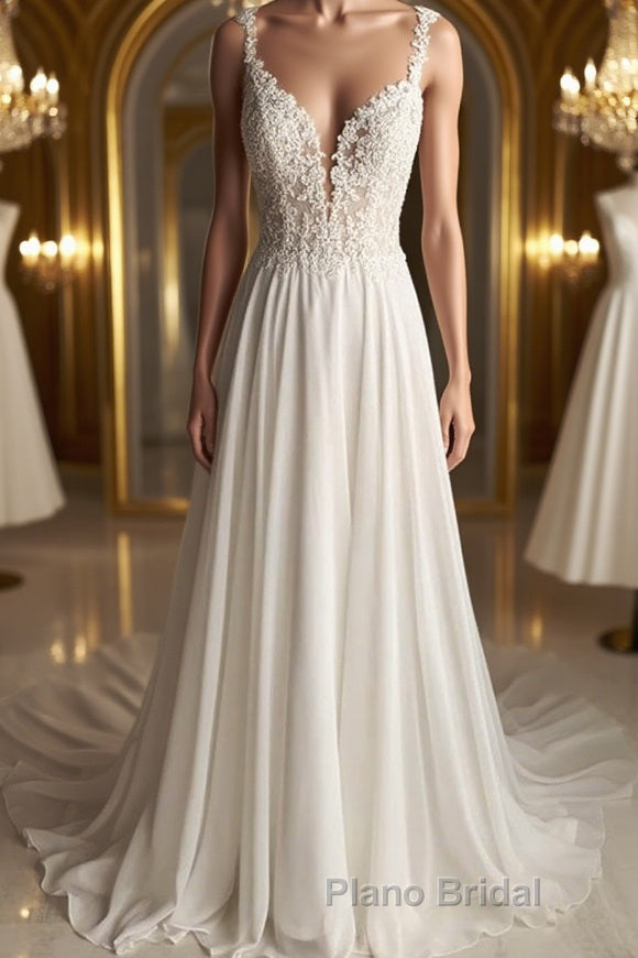 Deep V Neck White Lace Long Formal Prom Dress, Long White Formal Dress, White Lace Evening Dress, White Bridesmaid Dress Main image