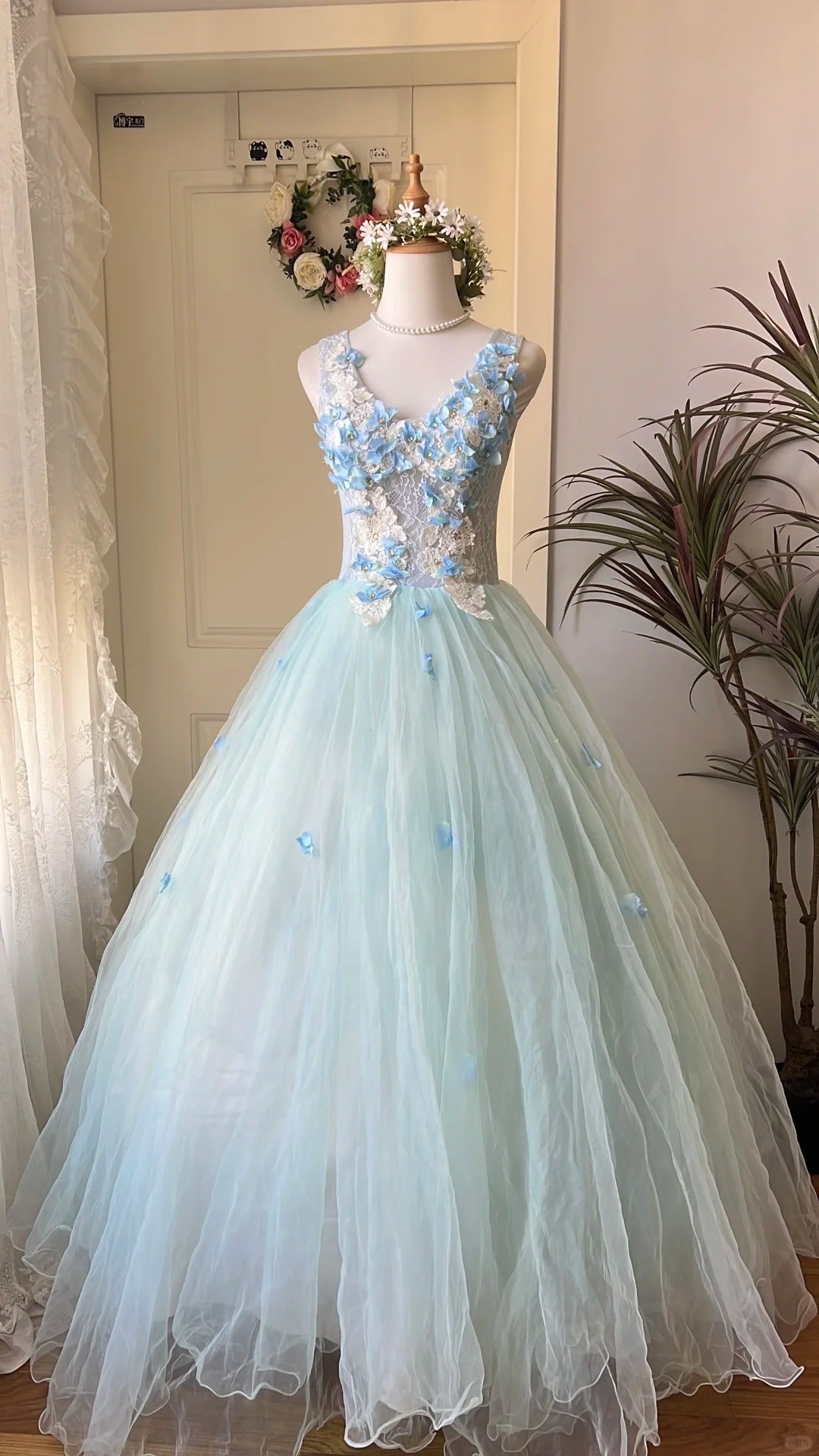 Dreamy Flower Fairy Light Blue 3D Floral V-Neck Tulle Ball Gown Prom Dresses Wedding Dresses Main image