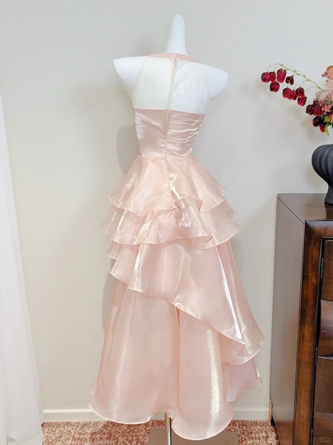 Dreamy Pink A-Line Halter Neck Ruffled Satin Formal Prom Dresses Bridesmaid Dresses