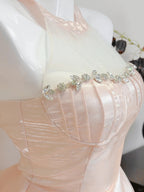 Dreamy Pink A-Line Halter Neck Ruffled Satin Formal Prom Dresses Bridesmaid Dresses