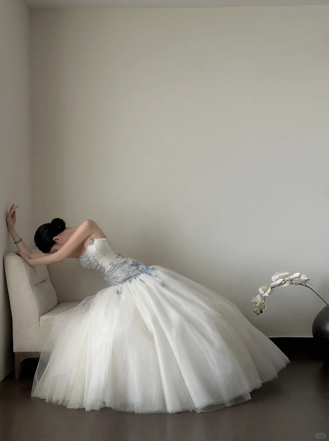 Dreamy White And Blue Gradient A-Line Strapless Tulle Long Formal Prom Dresses Wedding Dresses Secondary image