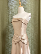 Elegant Champagne A-Line Strapless Twisted Satin Long Formal Prom Dresses Bridesmaid Dresses