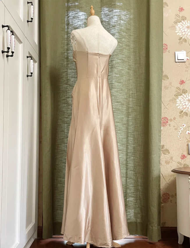 Elegant Champagne A-Line Strapless Twisted Satin Long Formal Prom Dresses Bridesmaid Dresses