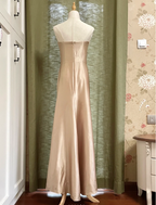 Elegant Champagne A-Line Strapless Twisted Satin Long Formal Prom Dresses Bridesmaid Dresses