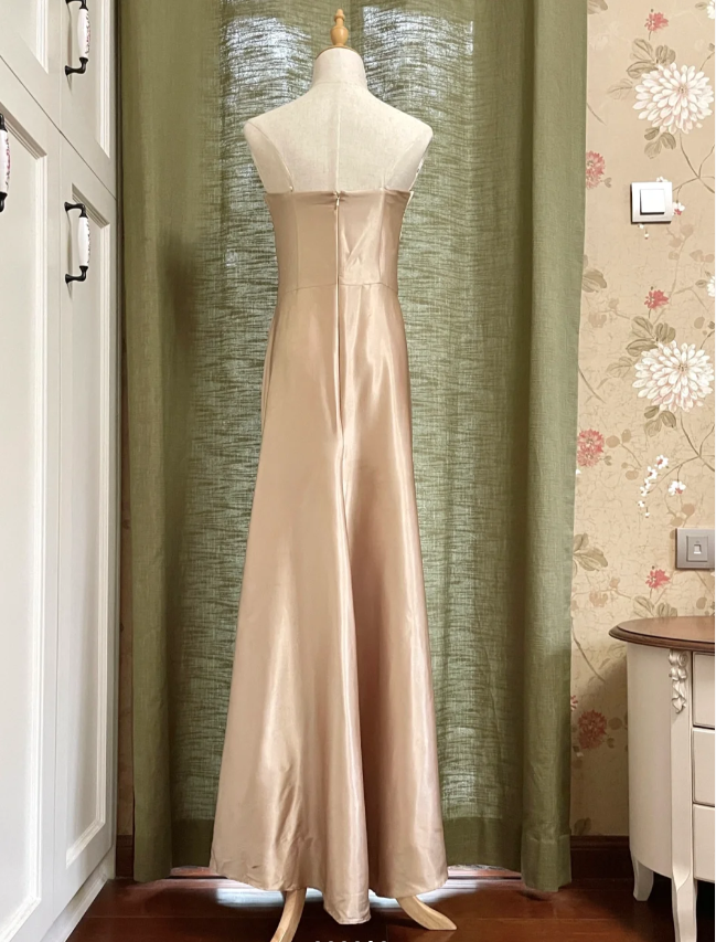 Elegant Champagne A-Line Strapless Twisted Satin Long Formal Prom Dresses Bridesmaid Dresses