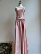 Elegant Champagne A-Line Strapless Twisted Satin Long Formal Prom Dresses Bridesmaid Dresses