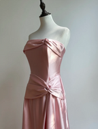 Elegant Champagne A-Line Strapless Twisted Satin Long Formal Prom Dresses Bridesmaid Dresses
